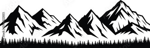 Schilderij op canvas Silhouette of jagged mountain range with pine trees below on white background Ke