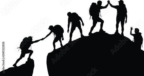 Foto Silhouette of hikers reaching summit with one helping another ascend a rocky pea