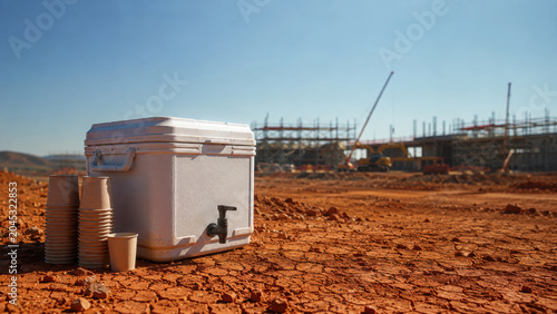 Cooler provides relief from heat and stress on construction site, ensuring hydration during hard work in sun