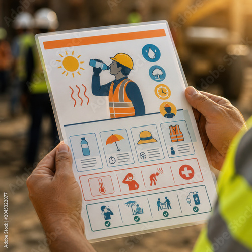 Worker holds safety guide illustrating heat stress prevention measures, emphasizing hydration and protective gear in construction setting