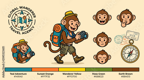 Photography Cartoon monkey travel adventure illustration set.