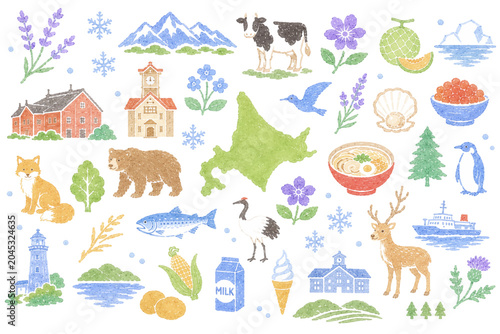 北海道イメージのスタンプ風イラストセット
