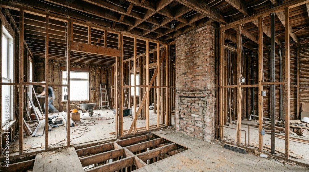 Naklejka premium Interior of a house under renovation with exposed wooden studs and brick chimney.