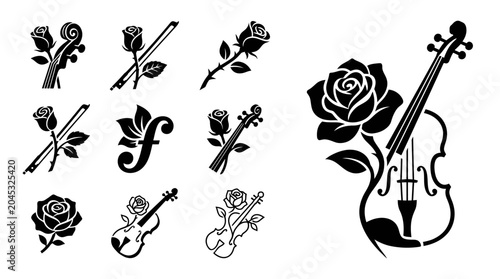 Canvas Print Elegant Violin Rose Silhouettes: Musical Harmony and Floral Beauty Icons