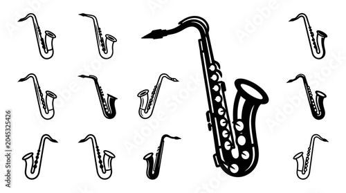 Tableau sur toile Saxophone Collection: Jazz Instrument Silhouettes and Detailed Illustration