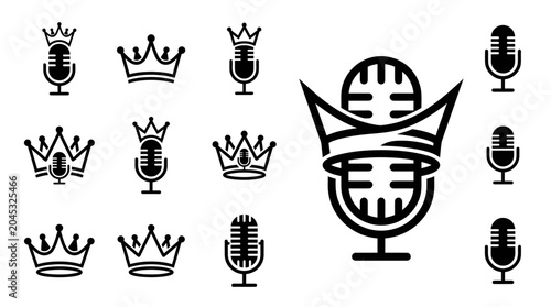 Schilderij op canvas Microphone Crown Icons Set: Royalty, Podcast, Music, Audio, Voice, Studio, King,