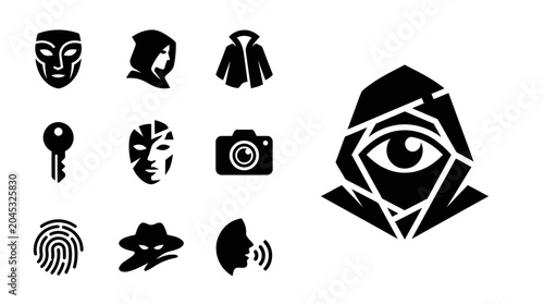 фотографія Mystery Icons: Mask, Spy, Camera, Eye, Fingerprint, Key, Cloak, Silhouette