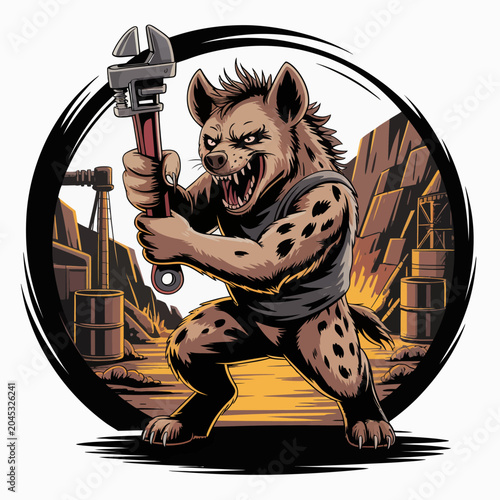 Schilderij op canvas Furry creature holding large wrench tightly.