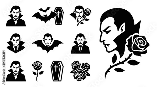 Photos Vampire Icons and Vector Graphics: Dracula, Coffin, Bats, Roses