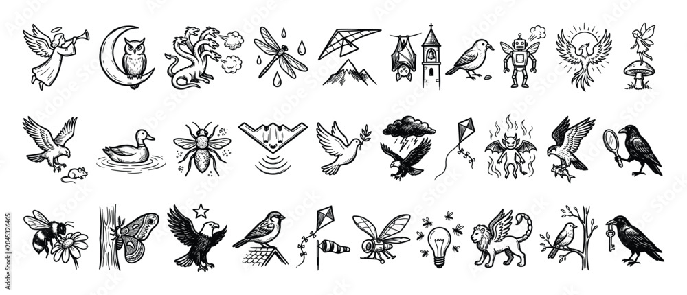 Fototapeta premium Nature and fantasy outline icon collection. Hand drawn symbols. Doodle vector art. Diverse graphic elements.