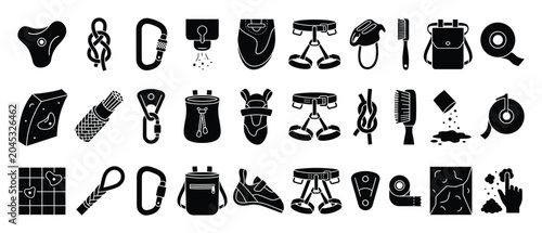 Climbing equipment icons set. Rock climbing gear symbols. Bouldering tools collection. Flat style icon set.