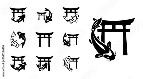 Fotografie Japanese Torii Gate and Koi Fish Silhouettes - Traditional Asian Iconography
