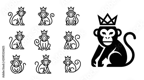 Photography Cute Monkey Icons Set with Crown, Royal Animal Vector Graphics