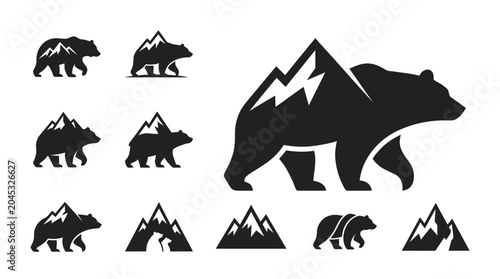 Bild auf Leinwand Bear mountain silhouette icons set, wildlife graphic design, adventure logo elem