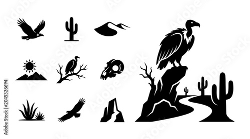 Quadro su tela Desert Vulture Silhouette Collection: Birds, Cacti, Skull, Dunes, Sun