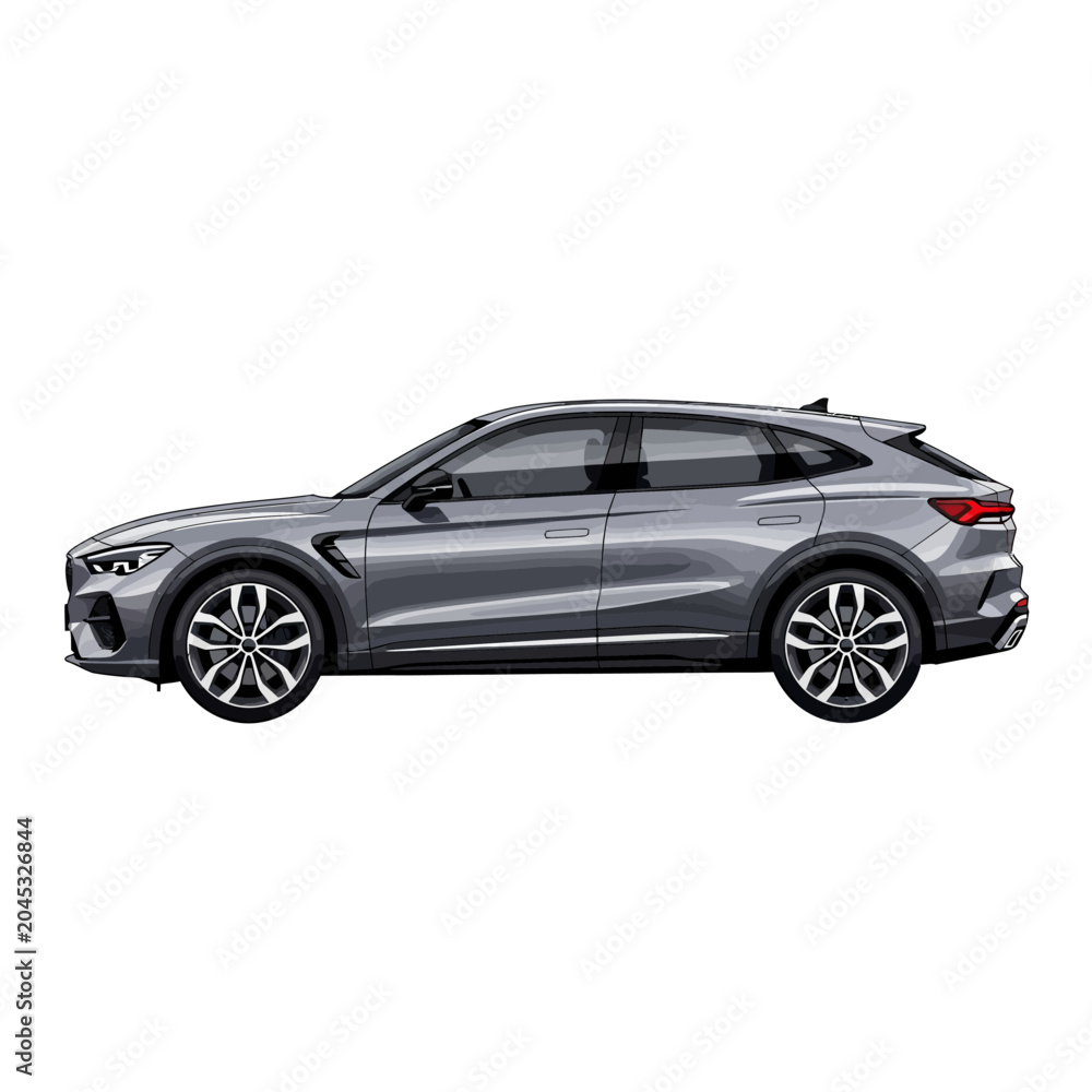 Naklejka premium Sleek Silver SUV Coupe Car Profile Isolated White Background Front View