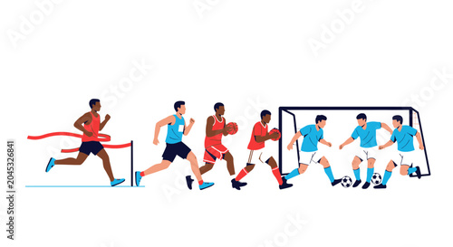 Bild auf Leinwand Diverse athletes compete in running, basketball, and soccer