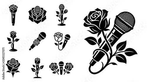 Fotografie Microphone and Rose Illustrations: Music, Love, and Performance Icons