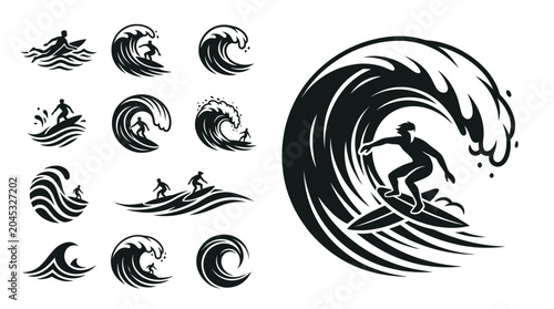 Surfing Silhouette Collection: Dynamic Waves and Riders in Black and White