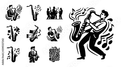 Bilde på lerret Saxophone Music Collection: Jazz Band, Musicians, and Instruments in Vector Art