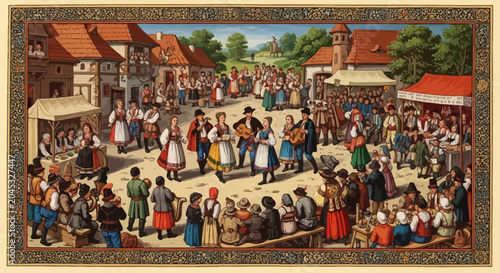 Photos Vintage Village Festival Scene with Folk Dancers and Musicians