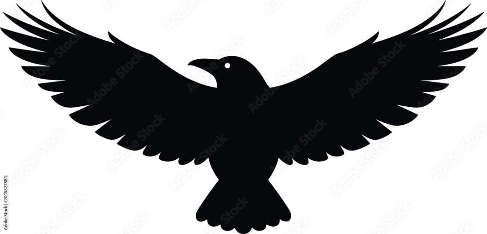 Obraz premium Black silhouette of a crow with wings spread wide in flight Keywords: crow, raven, bird, silhouette, black, wings, spread, flying, soaring