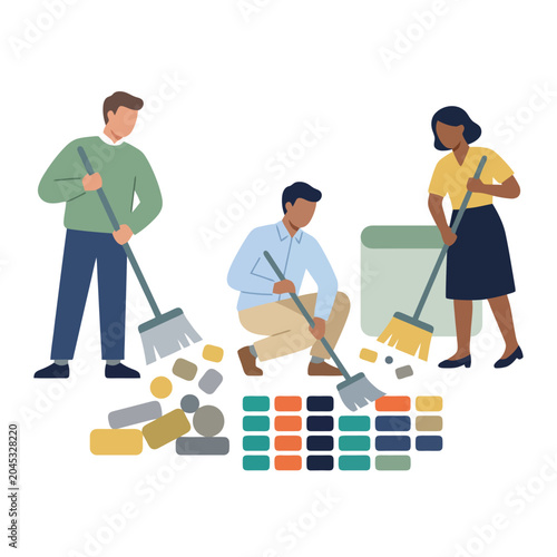 Volunteers cleaning trash in flat vector style.