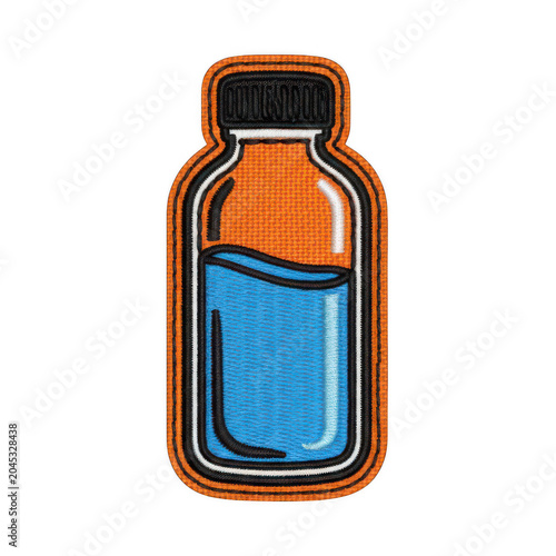 Orange medicine bottle patch with blue liquid inside embroidery Isolated transparent icon png