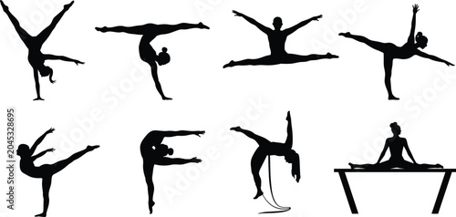Silhouette collection of female gymnasts performing various athletic poses and stretches gymnastics woman