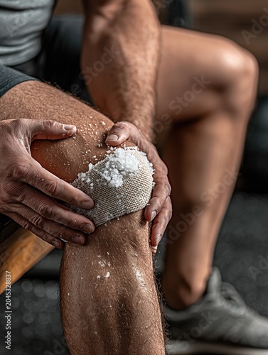 Close-up of an athlete applying an ice pack to a swollen knee while sitting on a training bench, clinical sports injury treatment and recovery concept