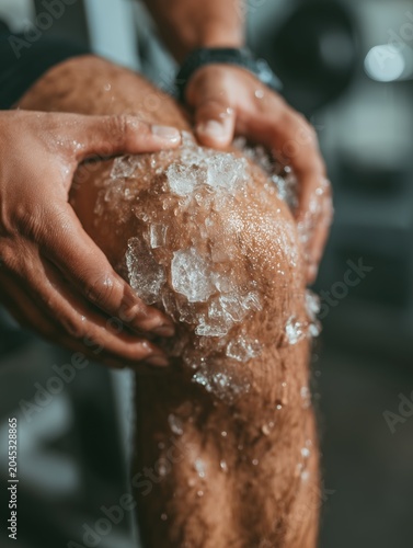 Close-up of an athlete applying an ice pack to a swollen knee while sitting on a training bench, clinical sports injury treatment and recovery concept