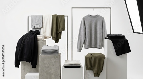 Modern studio display of a comfortable fashion and casual style apparel collection, featuring neatly folded sweatshirts, relaxed sweatpants, and essential t-shirts