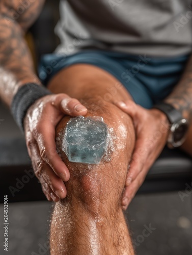 Close-up of an athlete applying an ice pack to a swollen knee while sitting on a training bench, clinical sports injury treatment and recovery concept