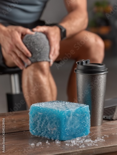 Close-up of an athlete applying an ice pack to a swollen knee while sitting on a training bench, clinical sports injury treatment and recovery concept