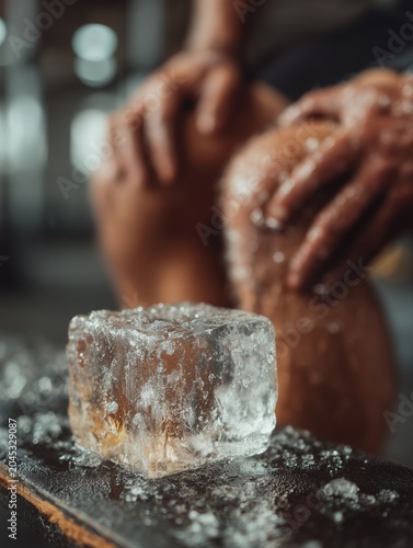 Close-up of an athlete applying an ice pack to a swollen knee while sitting on a training bench, clinical sports injury treatment and recovery concept