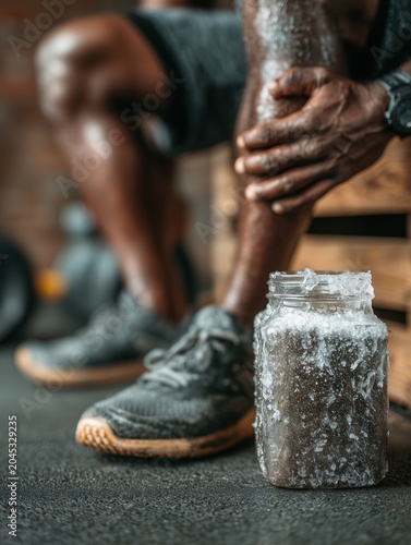 Close-up of an athlete applying an ice pack to a swollen knee while sitting on a training bench, clinical sports injury treatment and recovery concept