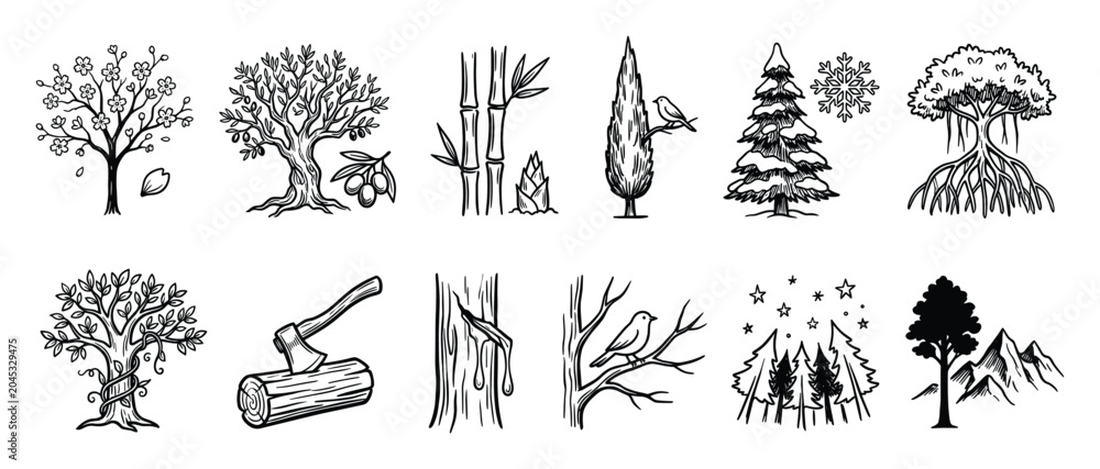 Fototapeta premium Hand drawn tree icons. Nature plant symbols. Forest elements collection. Outline icon collection. Vector illustration.