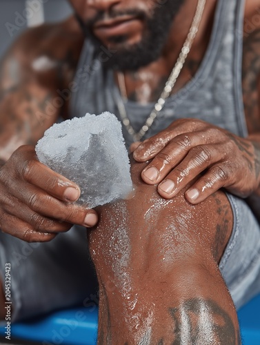 Close-up of an athlete applying an ice pack to a swollen knee while sitting on a training bench, clinical sports injury treatment and recovery concept