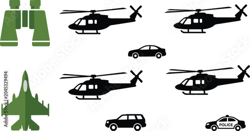 Military and Security Transportation Silhouette Vector Set with Helicopters Aircraft and Patrol Vehicles
