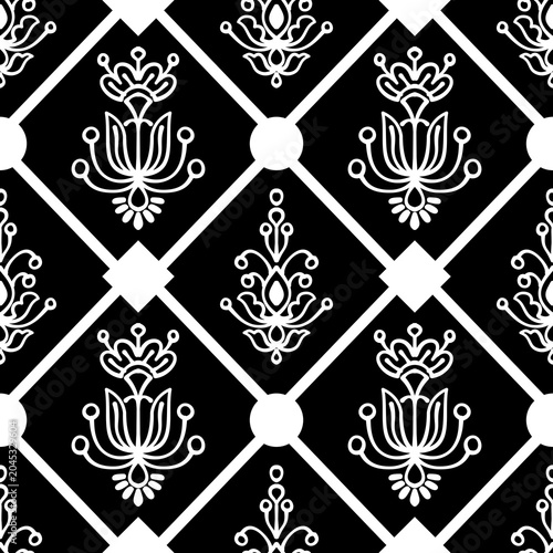 Elegant black and white seamless damask pattern. Classic victorian style motif for textile print, wallpaper background, and luxury fabric design. Symmetrical monochrome geometric ornament.