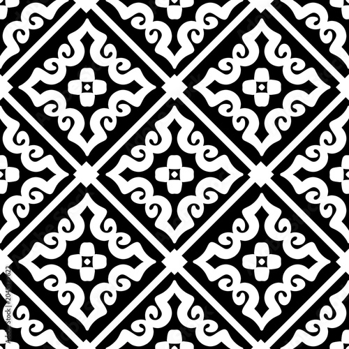Elegant black and white seamless damask pattern. Classic victorian style motif for textile print, wallpaper background, and luxury fabric design. Symmetrical monochrome geometric ornament.