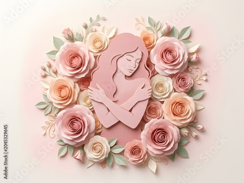 Paper cut craft style illustration of woman hugging herself surrounded by pink roses blossoms