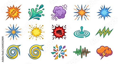 Bild auf Leinwand Collection of colorful comic book style explosion and sound effect icons
