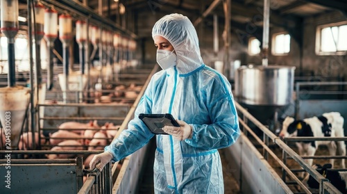 A person in protective gear inspects livestock in a barn, holding a tablet for data collection.