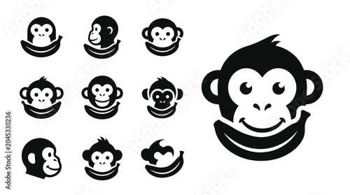 Photography Cute Monkey Icons Set with Banana, Black and White Vector Illustrations