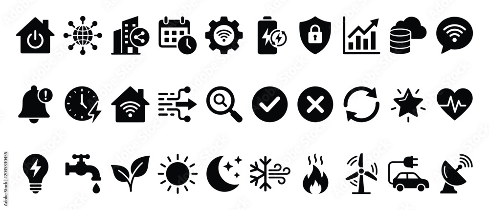 Obraz premium Smart home technology icons. IoT connection symbols. Energy management and security glyphs. Flat style icon set. Stock vector.