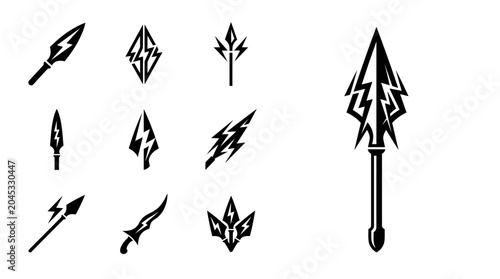 Schilderij op canvas Tribal Arrowhead Symbols Collection: Ancient Weapon Icons, Vector Graphics