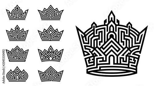 Billede på lærred Collection of Stylized Crown Icons and Maze-like Royal Emblem on White Backgroun