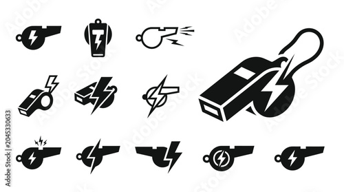 Tableau sur toile Set of Black Whistle Icons with Lightning Bolt Symbol, Sports Referee Equipment
