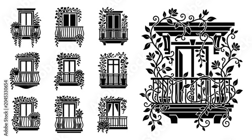 Cuadro en lienzo Ornate Balcony Designs with Floral Overgrowth Vector Collection
